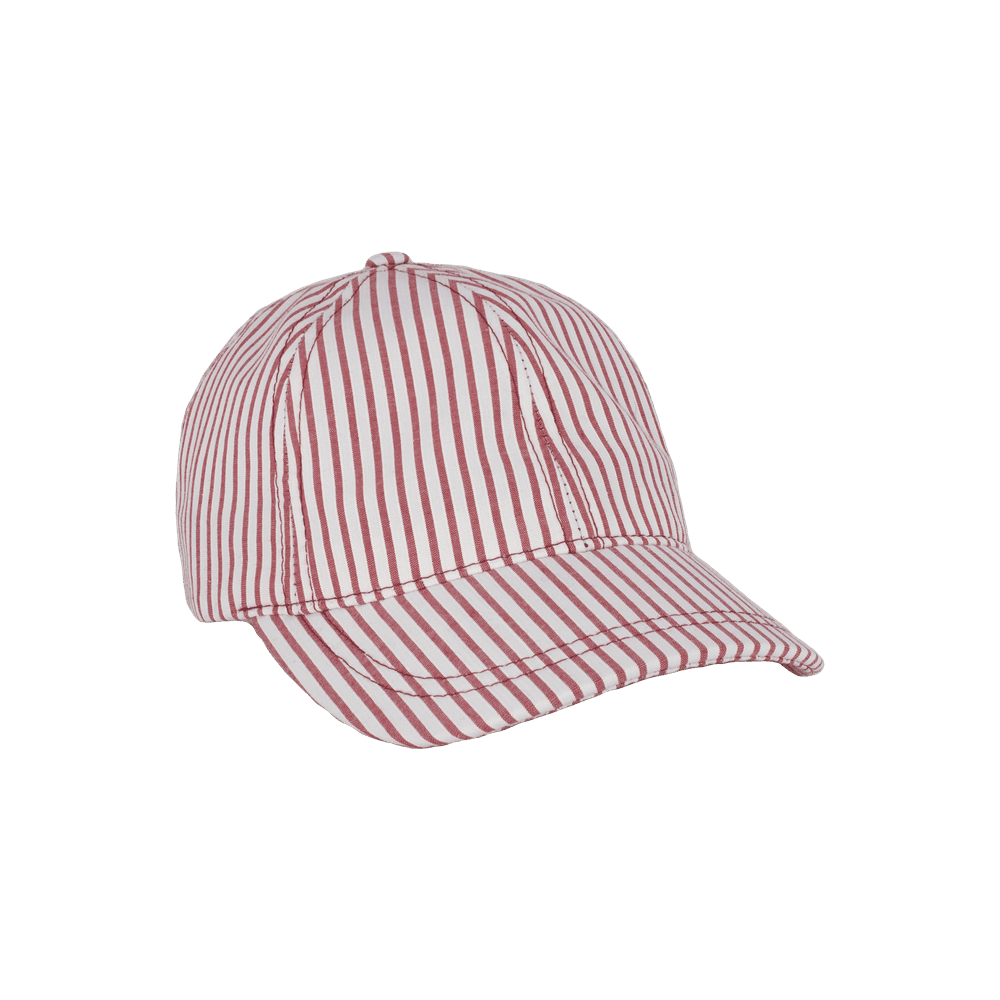 Front view of a Varsity Headwear red striped kids baseball cap in cotton