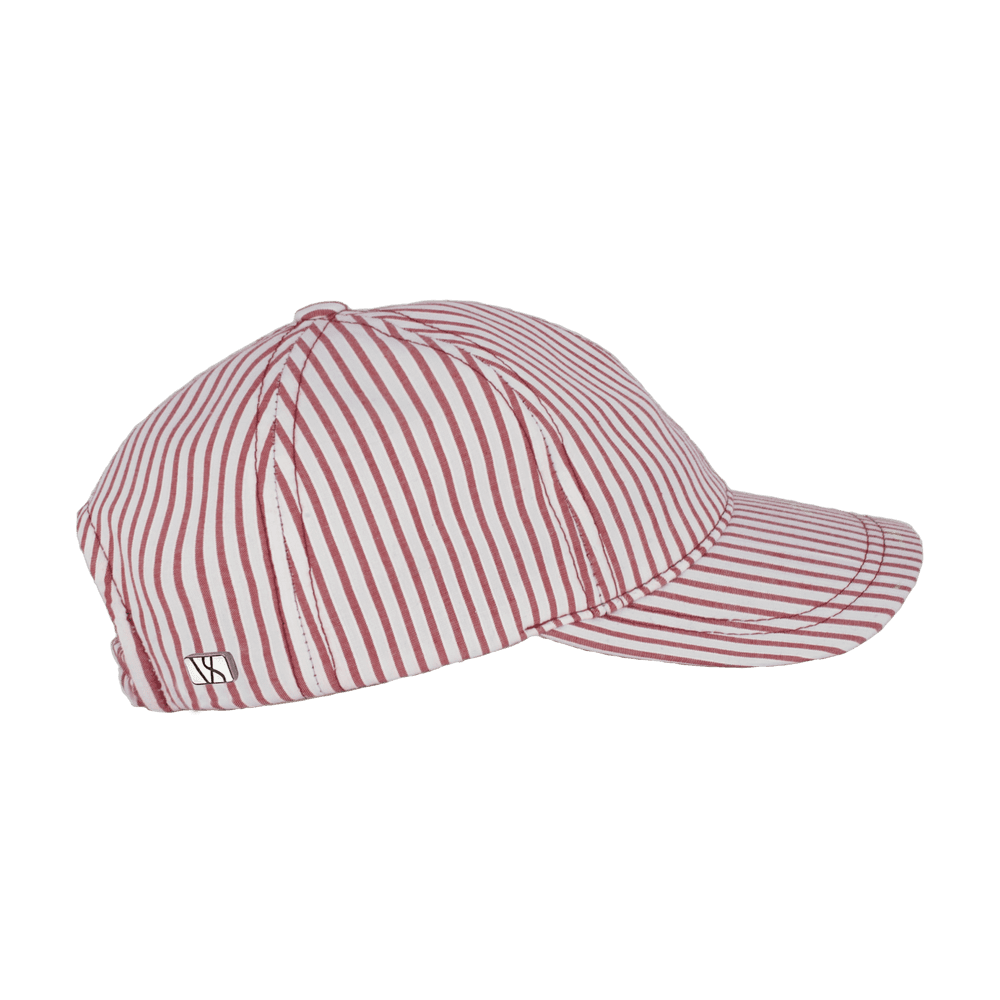 Side view of a red striped kids baseball cap in cotton from Varsity Headwear