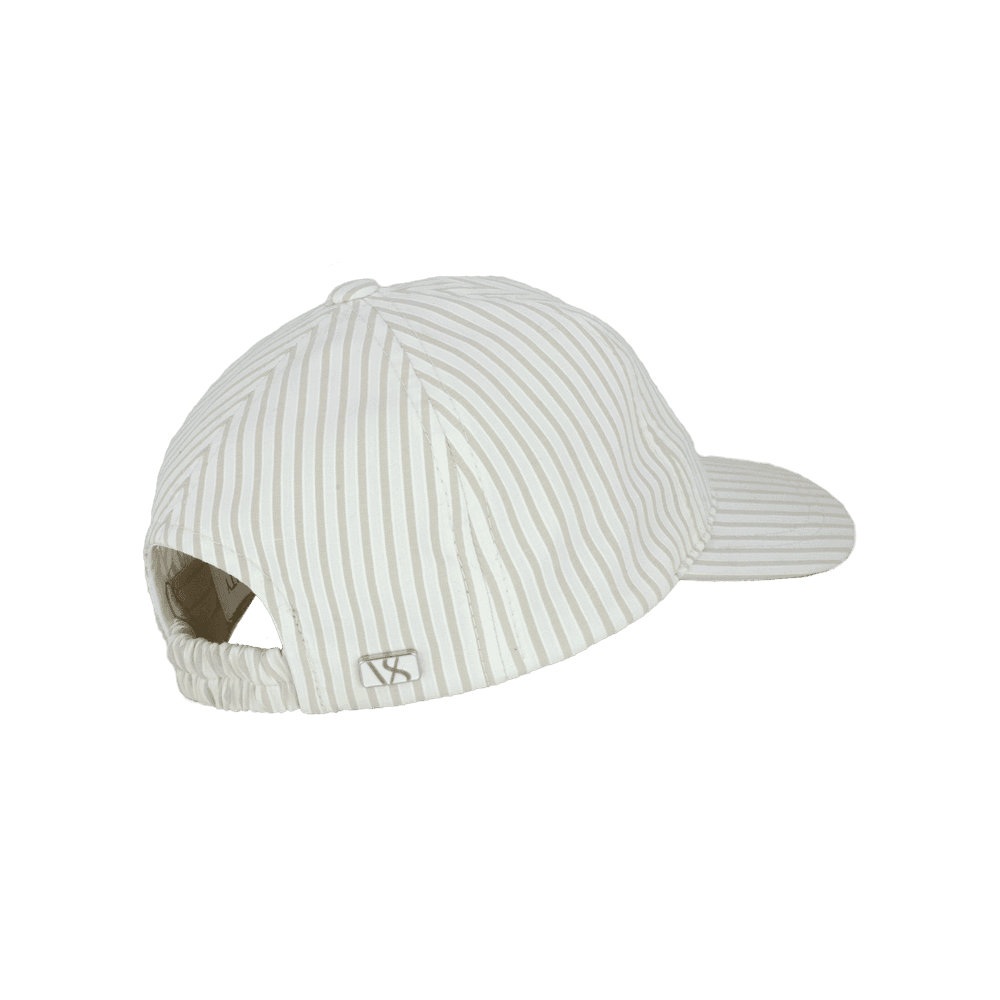 Back view of a Varsity Headwear cotton kids baseball cap, shown in color beige striped