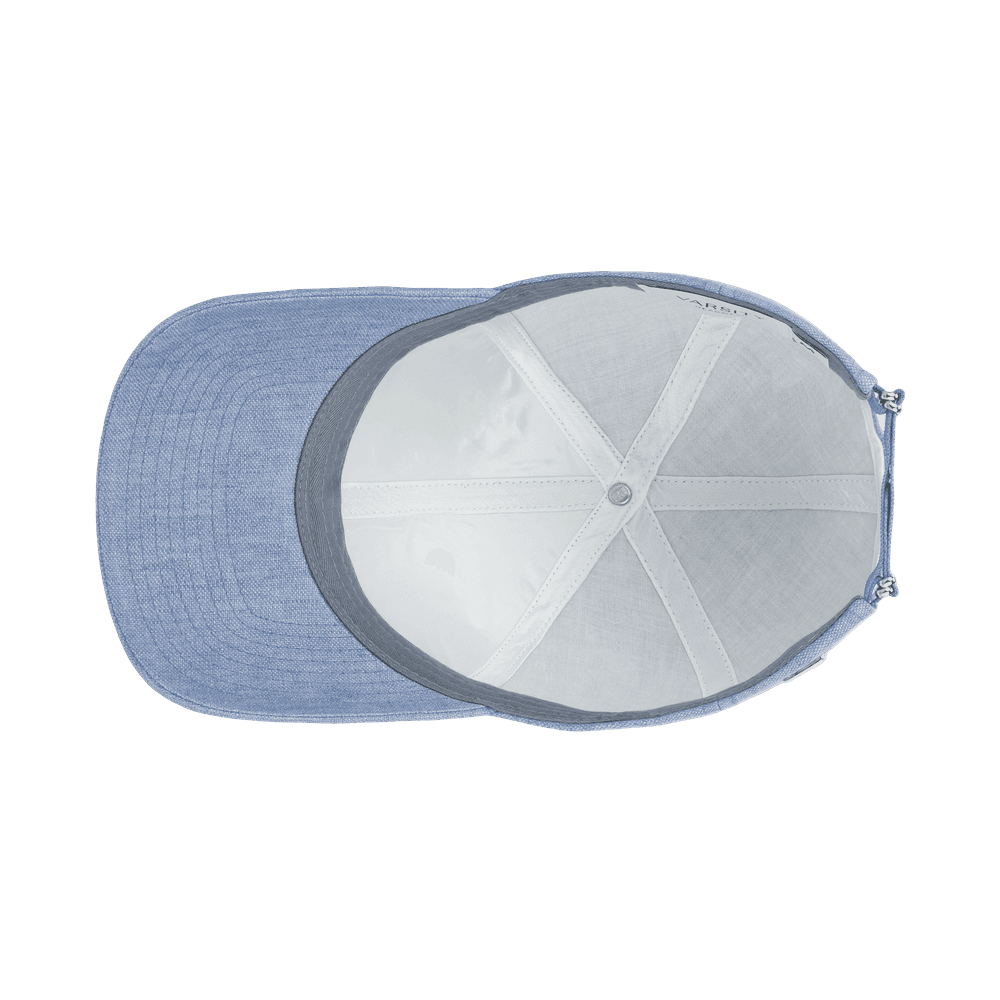 Inside view of a Varsity Headwear legacy structured azure blue baseball cap in Italian Linen