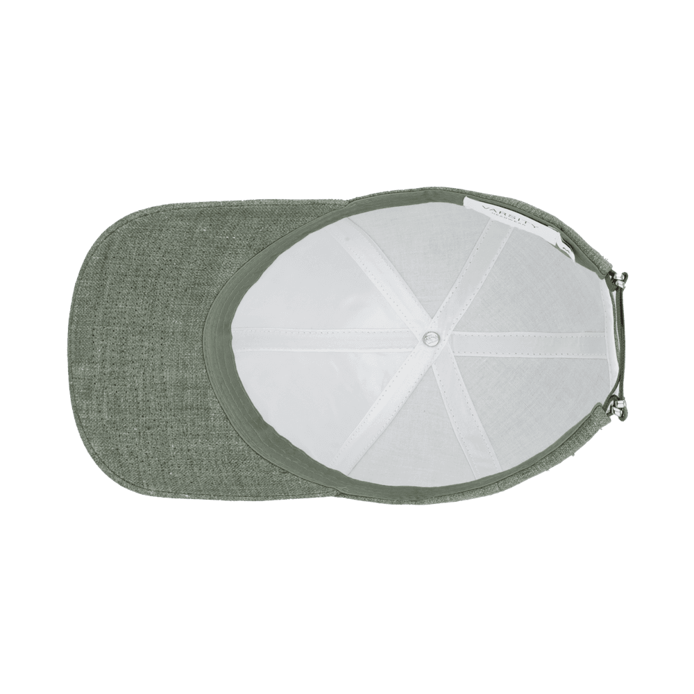 Inside view of a Varsity Headwear legacy structured pistachio green baseball cap in Italian Linen