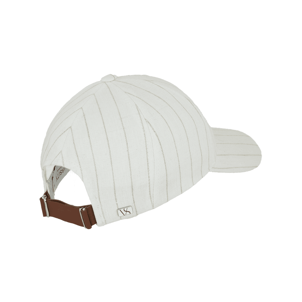 Back view of a Varsity Headwear legacy structured baseball cap in Italian Linen, shown in color off-white striped