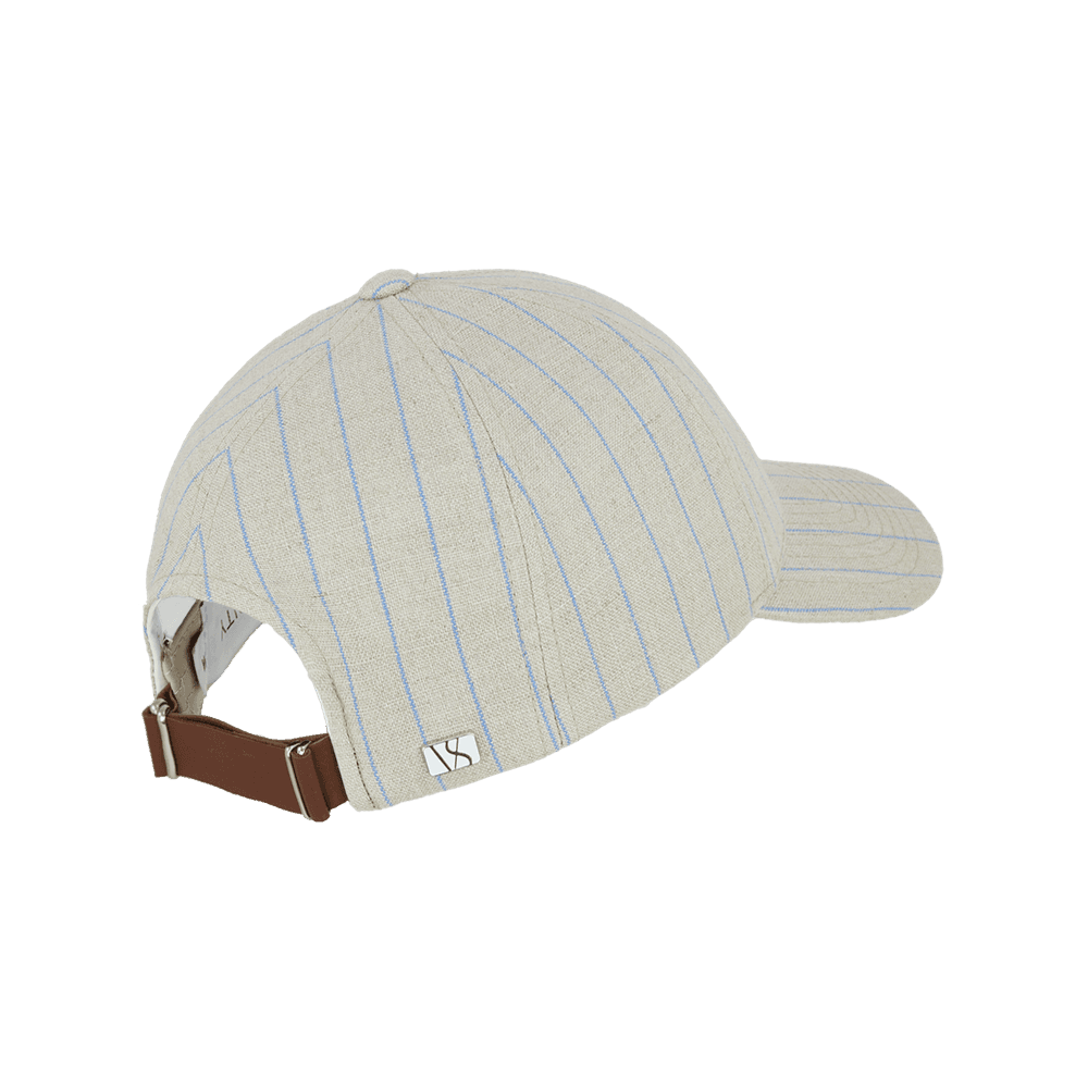 Back view of a Varsity Headwear legacy structured baseball cap in Italian Linen, shown in color beige striped