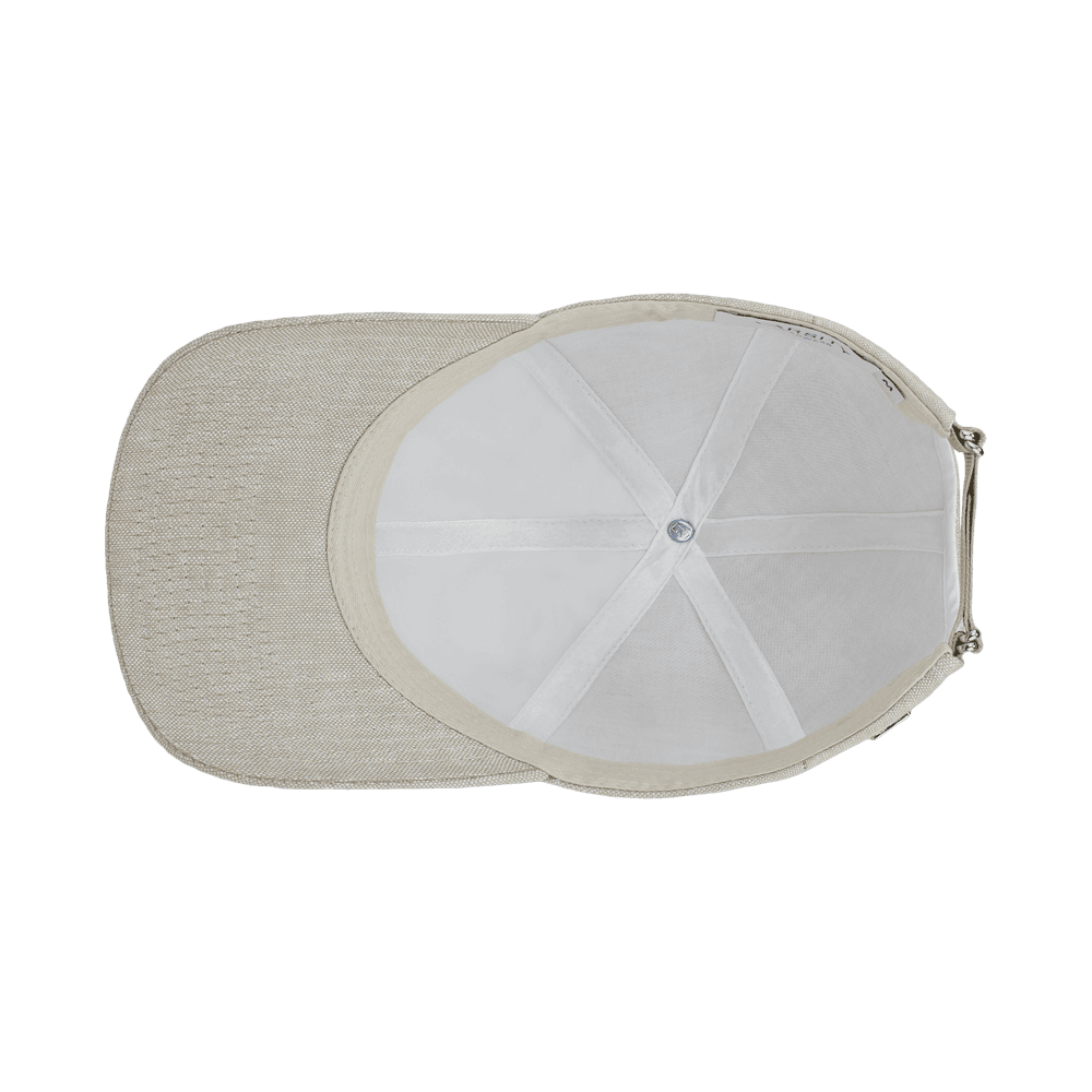Inside view of a Varsity Headwear legacy structured hampton beige baseball cap in Italian Linen