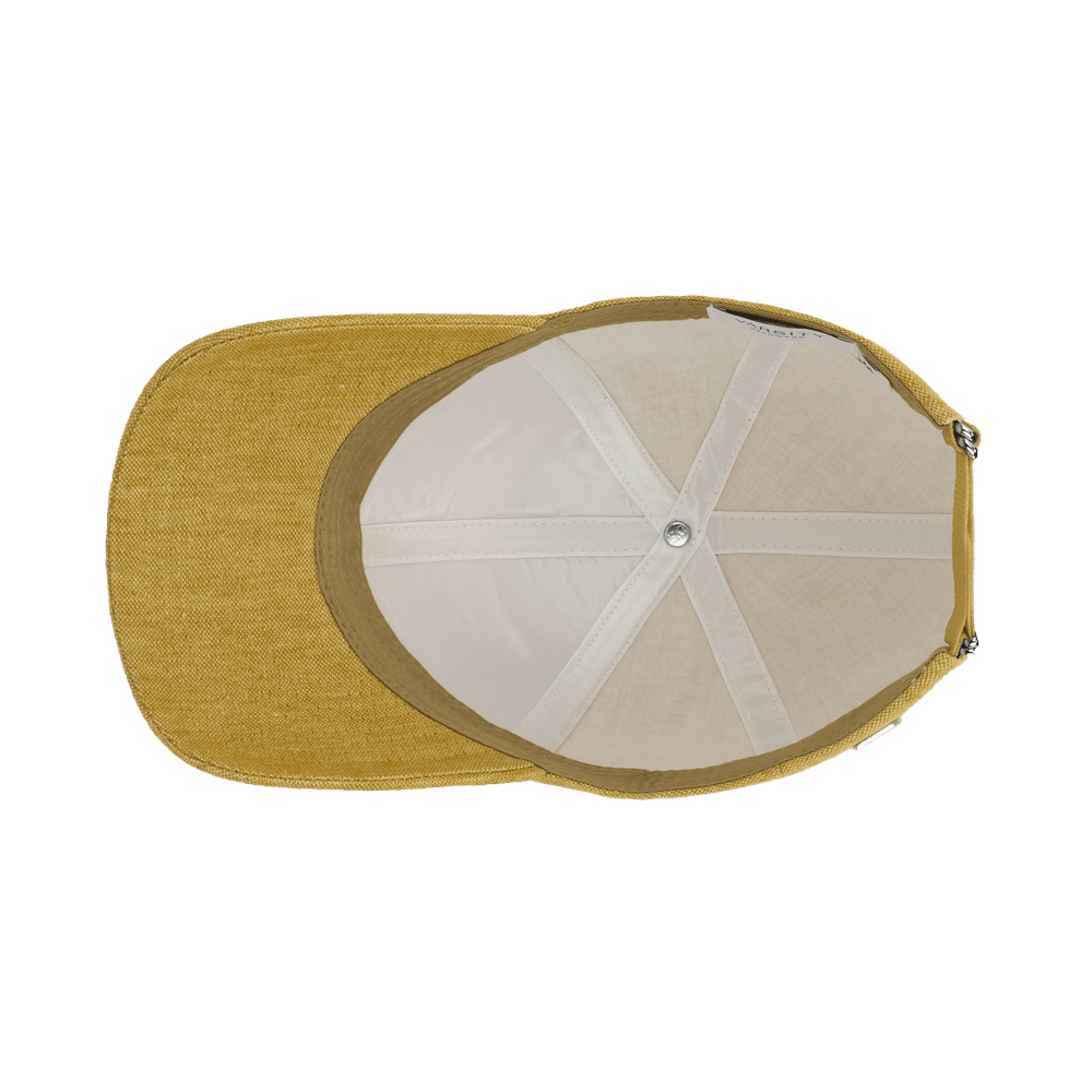 Inside view of a honey yellow legacy structured baseball cap in Italian linen from Varsity Headwear