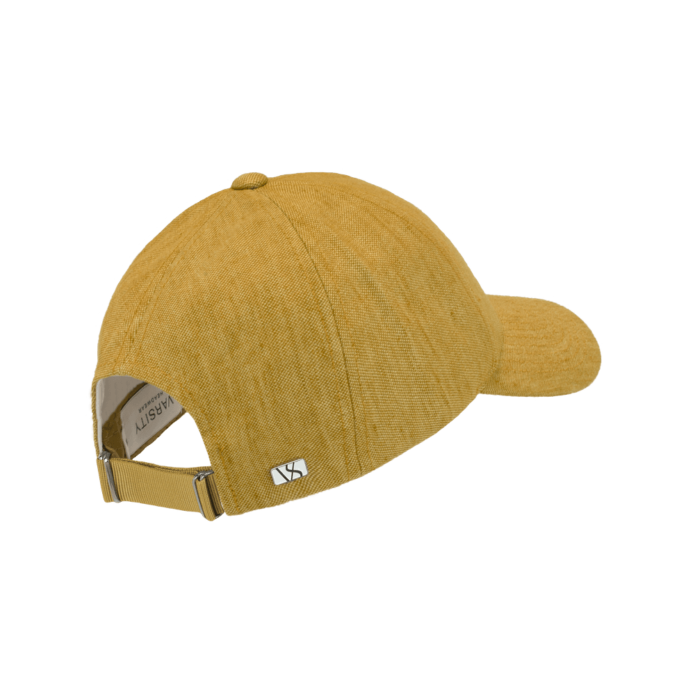 Back view of a honey yellow legacy structured baseball cap in Italian linen from Varsity Headwear