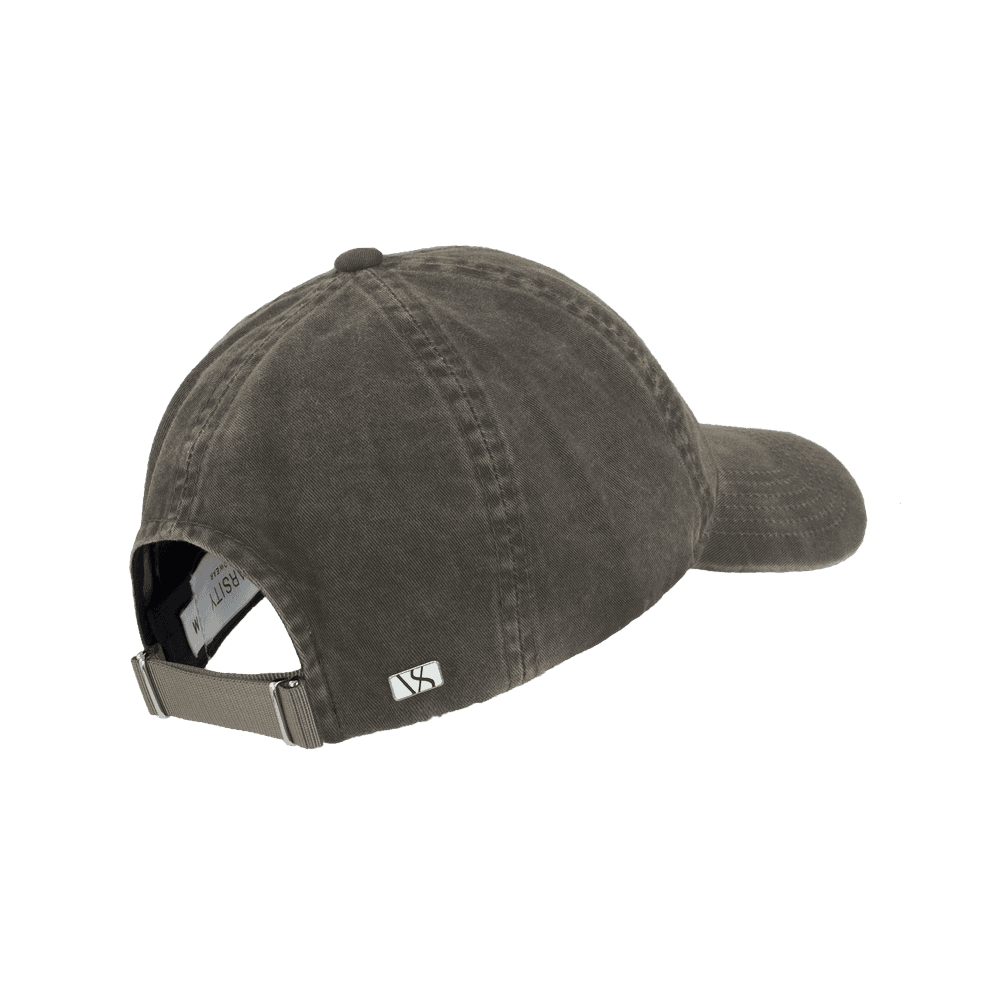 Back view of a Varsity Headwear legacy soft washed cotton baseball cap, shown in color beige