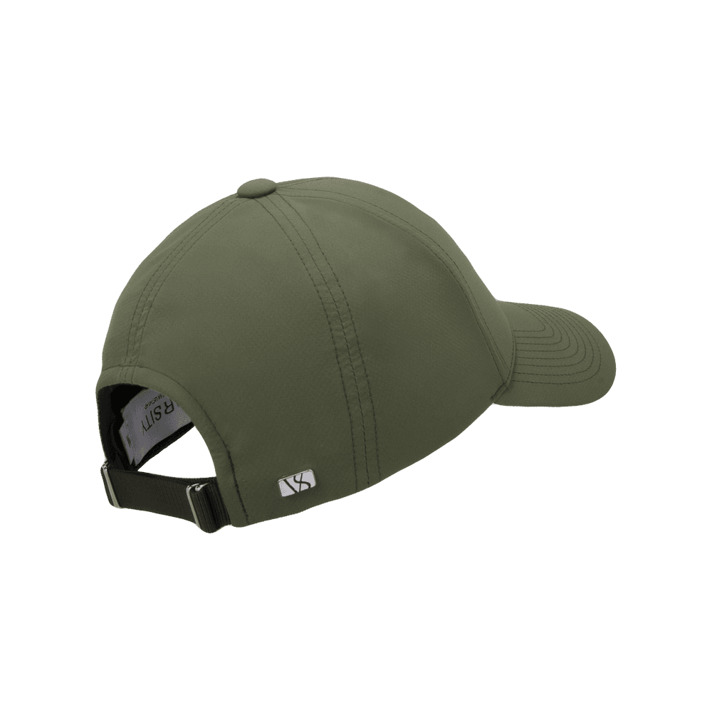 Back view of a Varsity Headwear legacy structured active tech green baseball cap
