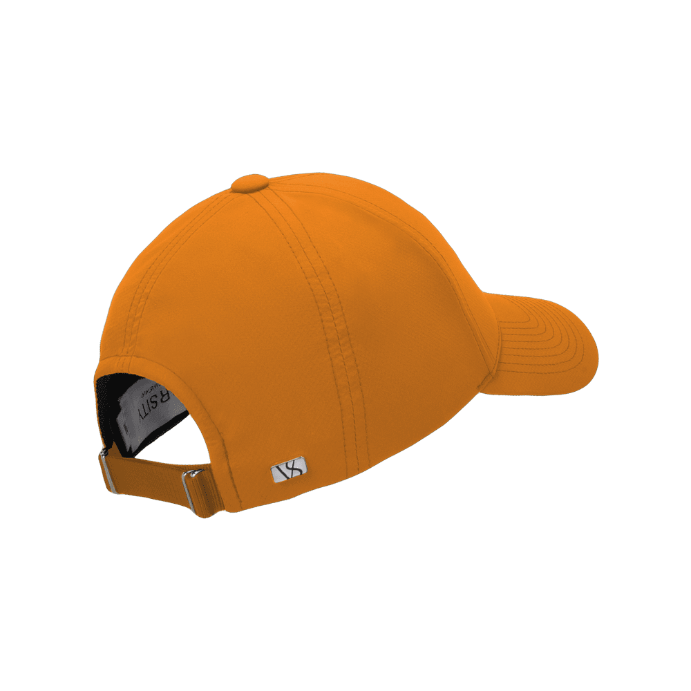 Back view of a Varsity Headwear legacy structured active tech bright orange baseball cap