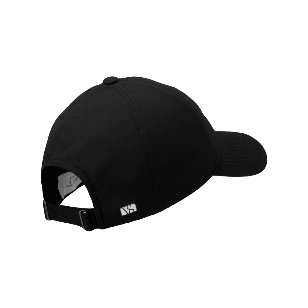 Back view of a Varsity Headwear legacy structured active tech black baseball cap 