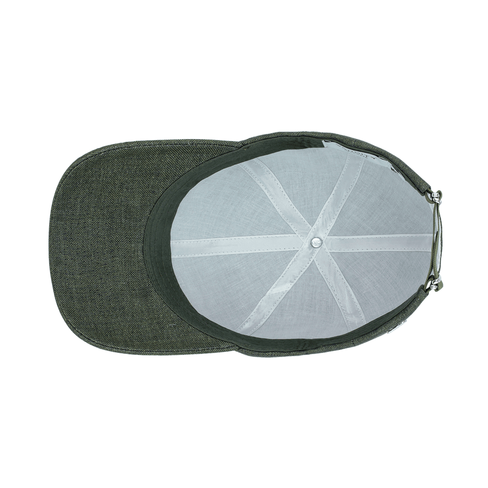 Inside view of a Varsity Headwear legacy soft french olive baseball cap in Italian Linen