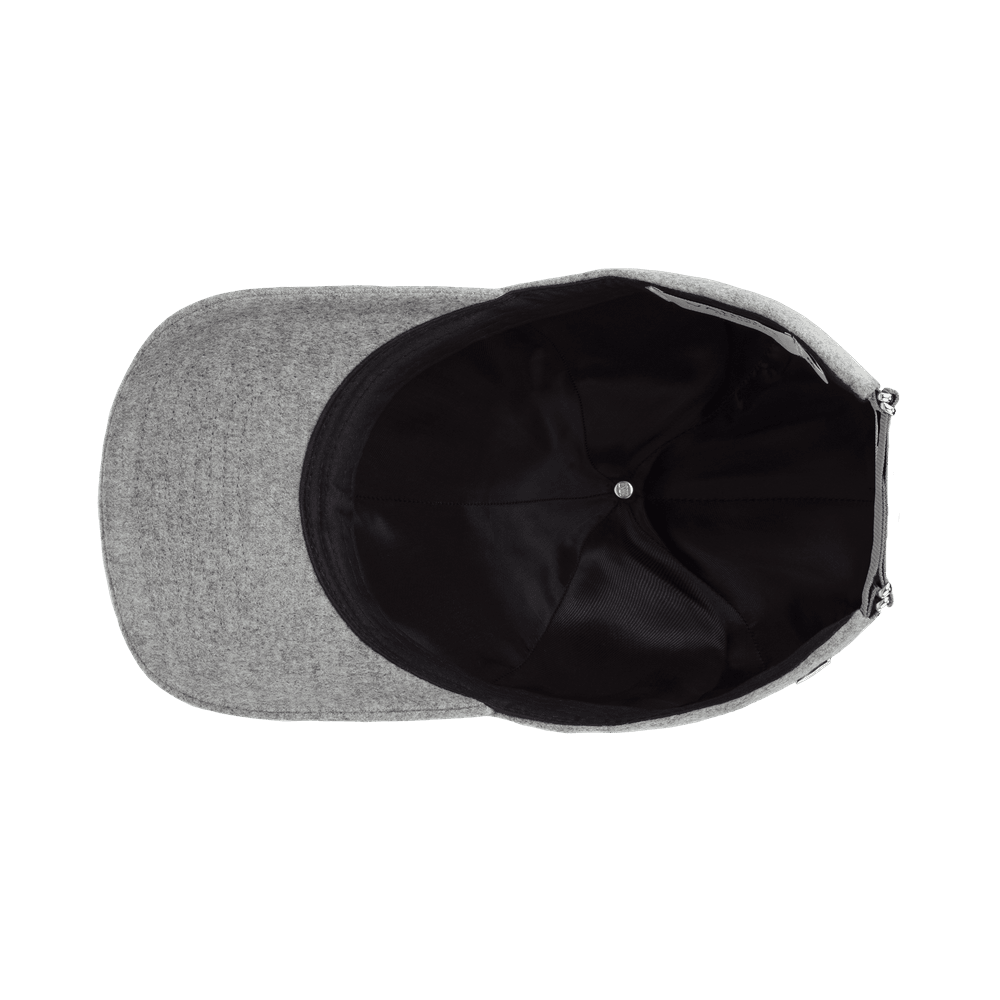 Inside view of a Varsity Headwear legacy structured virgin wool clay grey baseball cap