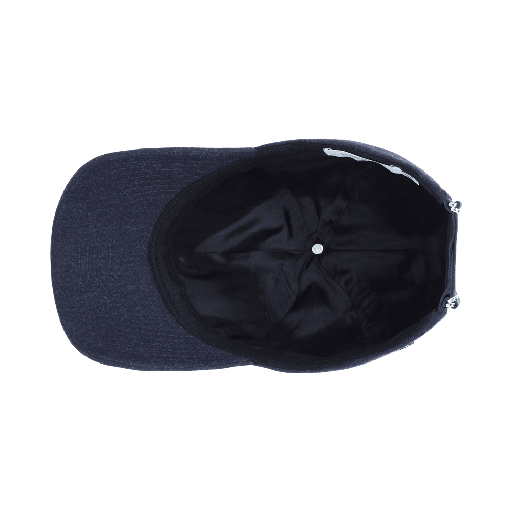Inside view of a varsity headwear legacy structured dark navy merino wool baseball cap