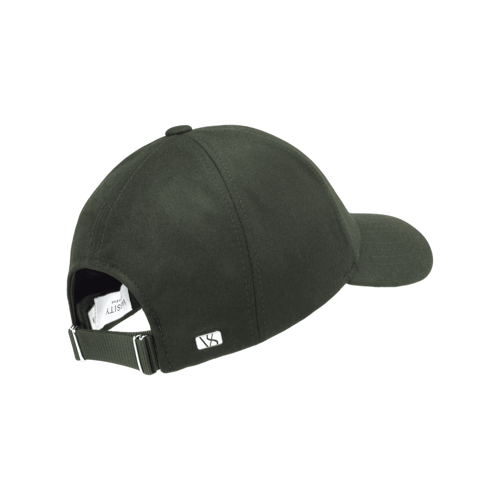 Back view of a Varsity Headwear legacy structured wool tech green baseball cap