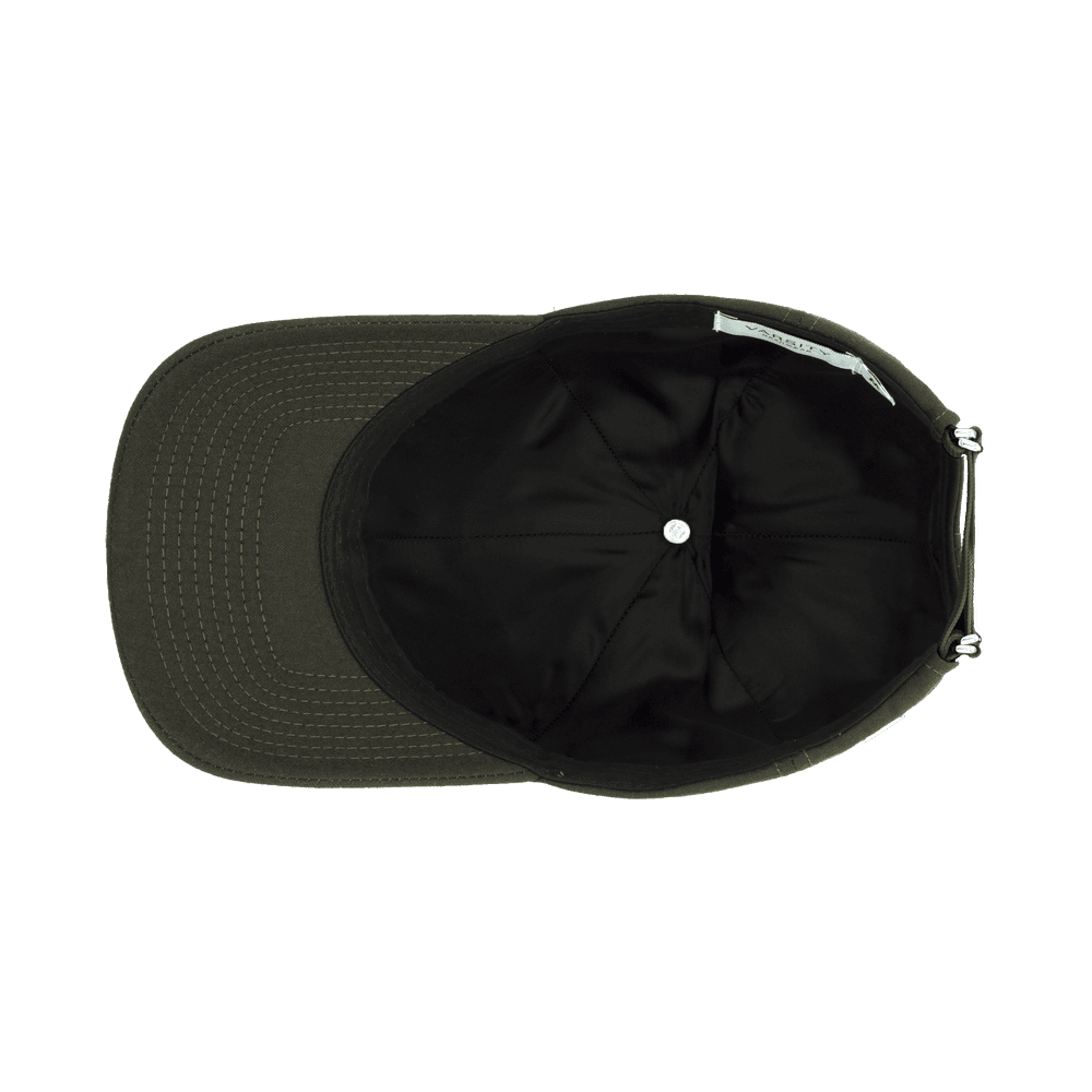 Inside view of a Varsity Headwear legacy structured wool tech green baseball cap