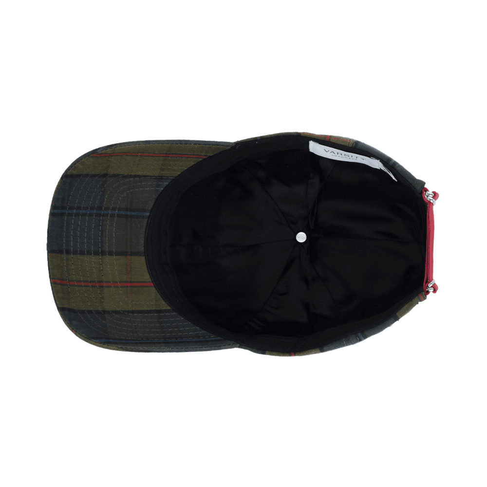 Inside view of a Varsity Headwear legacy structured oilskin iona tartan baseball cap