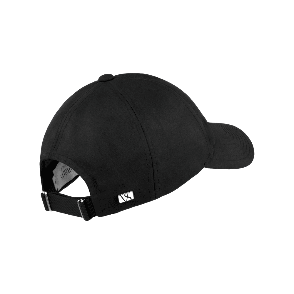 Back view of a Varsity Headwear legacy structured oilskin black baseball cap