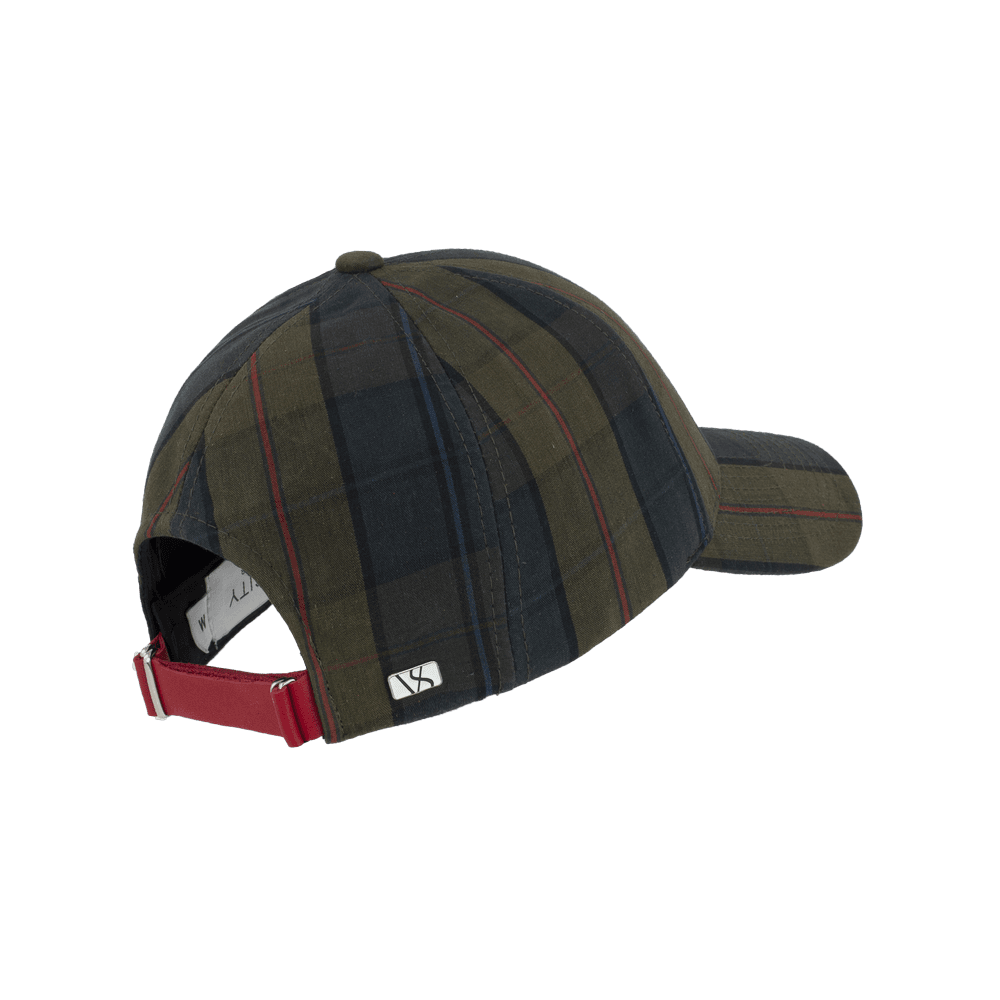Back view of a Varsity Headwear legacy structured oilskin iona tartan baseball cap
