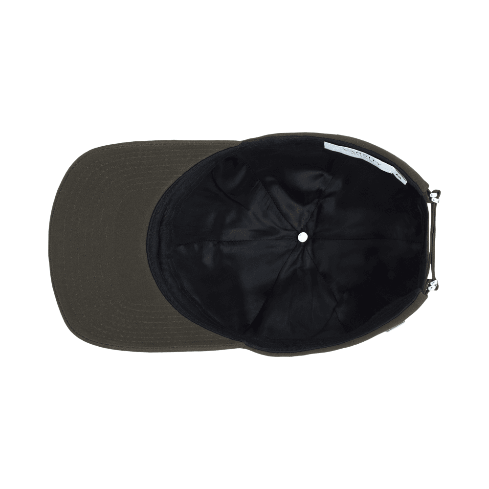 Inside view of a Varsity Headwear legacy structured oilskin chestnut brown baseball cap