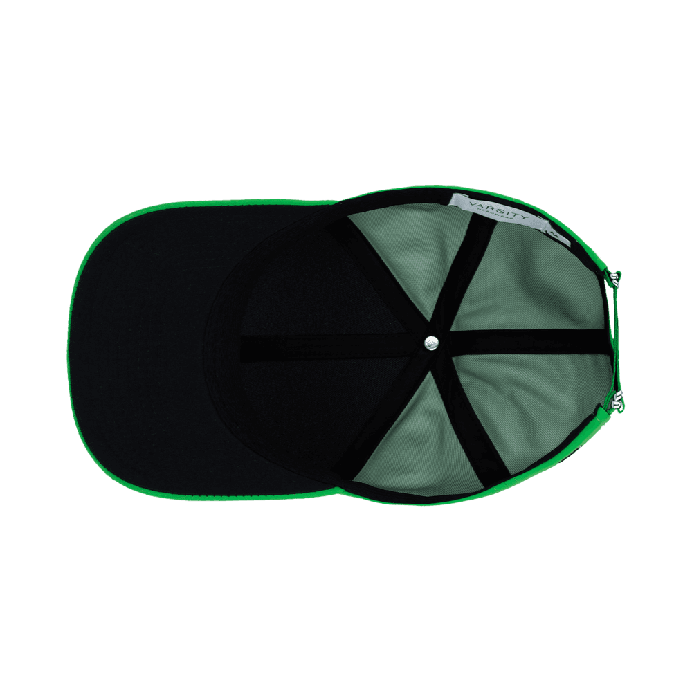 Inside view of a Varsity Headwear legacy structured athletic sport green baseball cap