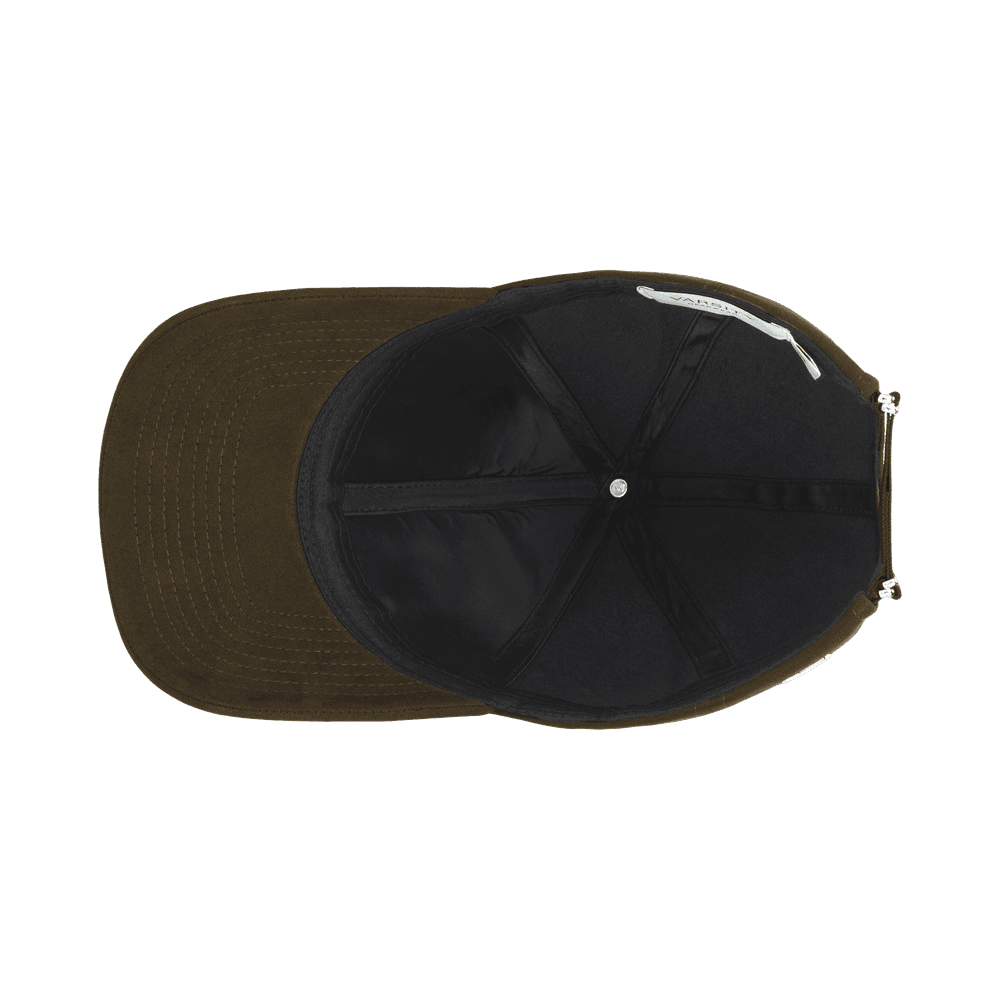 Inside view of an alcantara Varsity Headwear legacy structured macchiato brown baseball cap