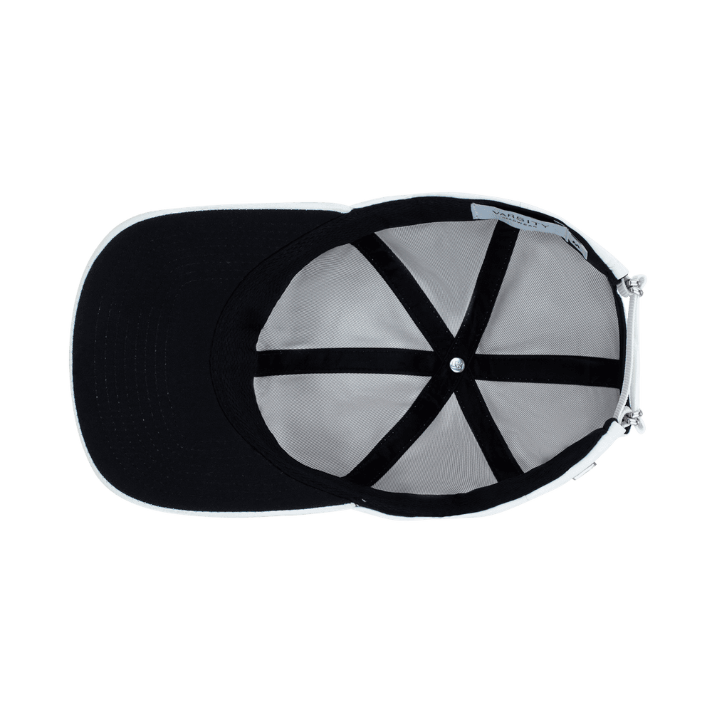 Inside view of a Varsity Headwear legacy soft athletic sport white baseball cap