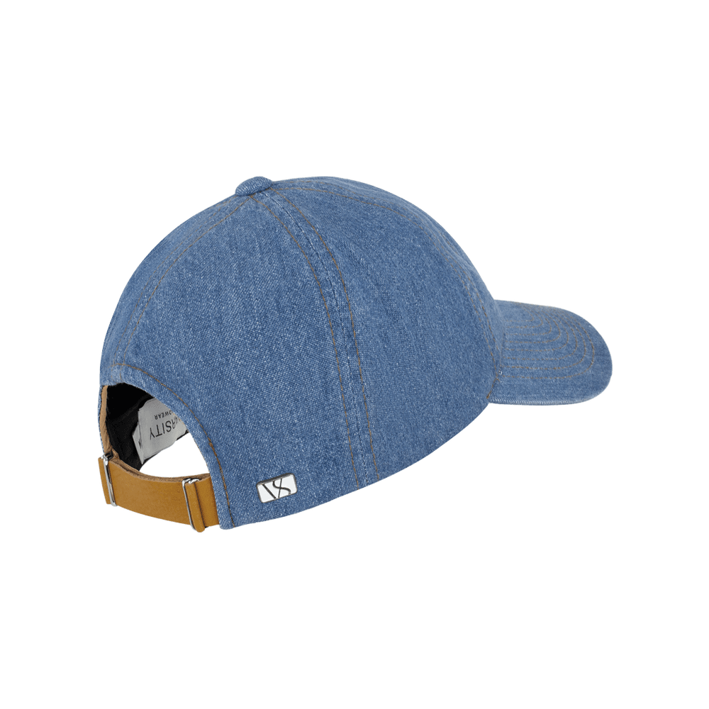 Back view of a Varsity Headwear legacy soft denim baseball cap, shown in color blue washed