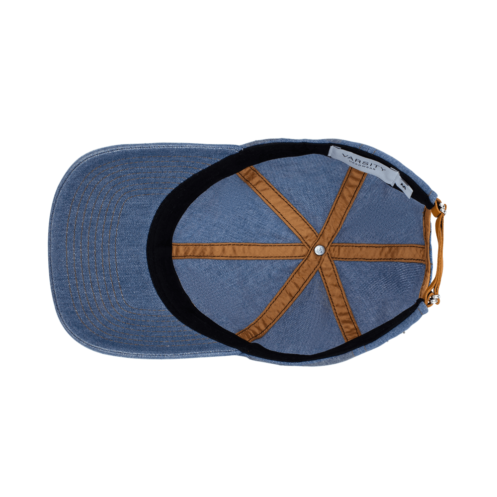 Inside view of a denim Varsity Headwear legacy soft blue washed baseball cap